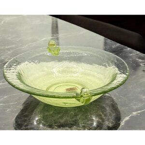 Vintage Handcrafted Green Glass Serving Bowl With Decorative Handles